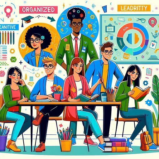 An illustration of various principal characters in an educational setting, emphasizing different personality traits like organization, creativity, and leadership. Use vibrant colors and a friendly tone.