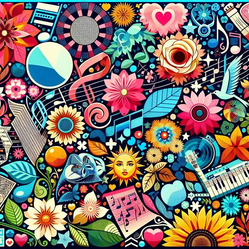 Create a colorful and vibrant collage featuring elements inspired by Taylor Swift's music, such as musical notes, spring flowers, autumn leaves, love symbols, and quotes from her songs.