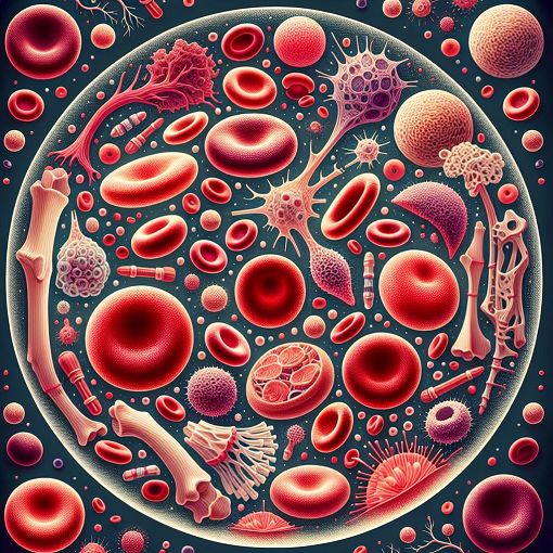 Create an informative and visually appealing illustration that depicts various blood cells (like erythrocytes, leukocytes, and platelets) in a captivating style, with a background showing bone marrow and a hint of neural crest cells, emphasizing the connection between blood and biology.