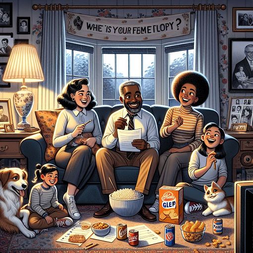 An illustration of a colorful family sitting together in a cozy living room, engaging in a fun quiz, surrounded by various nostalgic elements like old photos, snacks, and playful pets. The atmosphere is warm and inviting, reflecting a mix of humor and family bonding.