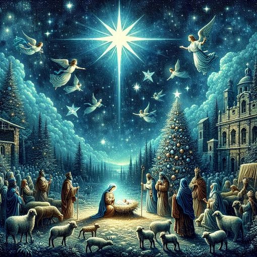 Create an image of a Nativity scene with a bright star over Bethlehem, depicting wise men, shepherds, and angels, in a warm and inviting Christmas style.