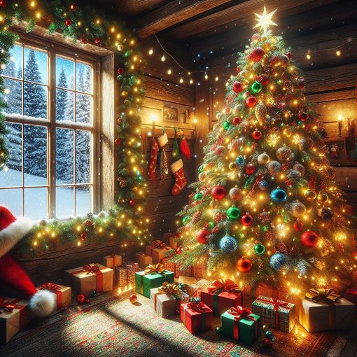 A cozy Christmas scene featuring a decorated Christmas tree, colorful ornaments, and twinkling lights, with a snowy background and festive elements like Santa hats and gifts.