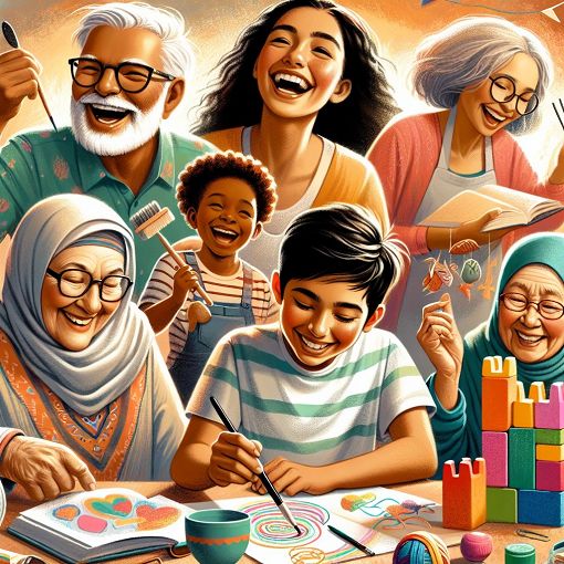 An imaginative illustration of a family gathering with diverse individuals, showcasing different hairstyles, personalities, and activities, in a cheerful and colorful setting.