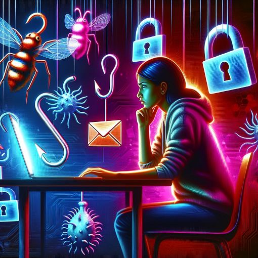 A colorful illustration showing a person sitting at a computer with a worried expression, surrounded by various online threats like phishing emails, viruses, and locks, in a modern digital setting.