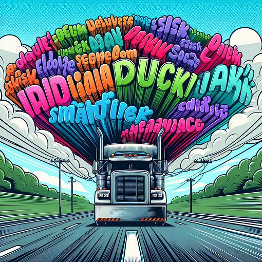 A vibrant illustration of a truck traveling down a highway with colorful slang terms floating around it, in a cartoon style.