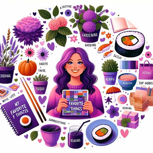 A colorful and engaging graphic featuring a person surrounded by their favorite things, like their favorite color, food, and hobbies, in a playful and vibrant style.