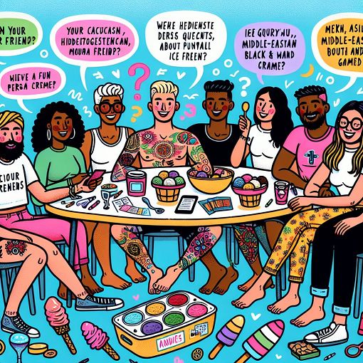 Create an illustration of a group of friends taking a quiz about their friend Pallavi, with fun elements like ice cream, tattoos, and a playful atmosphere.