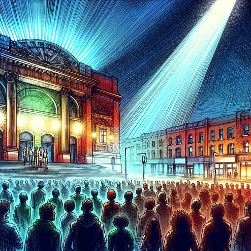 A lively and colorful illustration of The Anvil venue showcasing its exterior and an audience gathered for a performance, with a spotlight shining down, creating an inviting atmosphere.