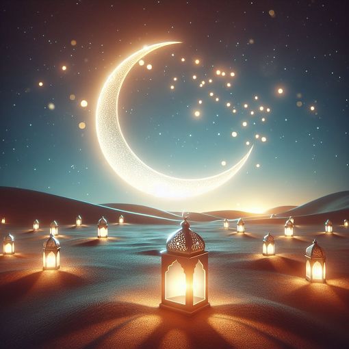 A glowing crescent moon over a tranquil desert landscape, with lanterns glowing softly, evoking a serene and spiritual atmosphere of Ramadan.