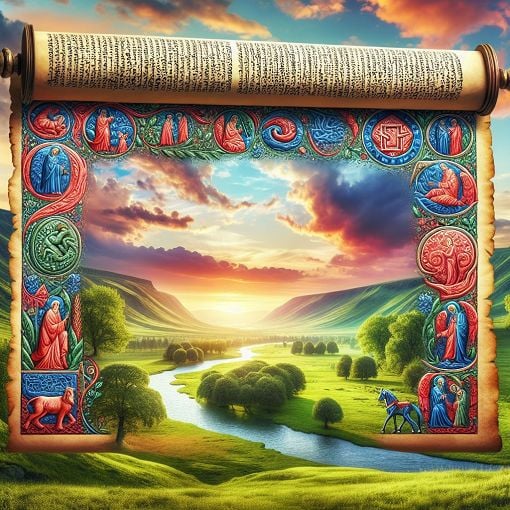 A vibrant depiction of an ancient scroll with biblical symbols and figures set in a serene, historical landscape.