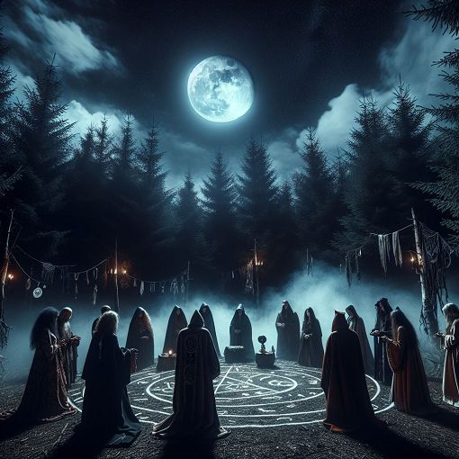 Create an eerie and intriguing illustration featuring a mysterious cult gathering in a dark, moonlit forest, with participants wearing elaborate robes and engaging in rituals, surrounded by ominous symbols and an atmosphere of mystery.