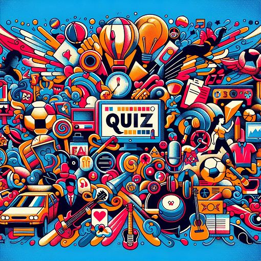 A vibrant quiz-themed illustration featuring iconic symbols of various categories like sports, music, fashion, and history, with bold colors and a playful design