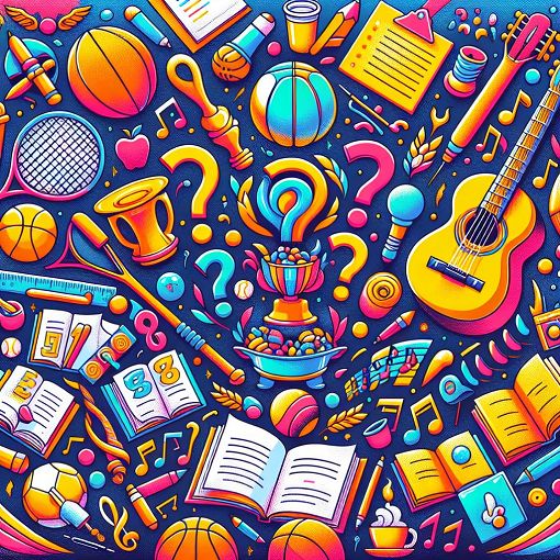 A colorful quiz-themed graphic featuring trivia questions and fun illustrations related to various quiz topics like sports, music, and literature.