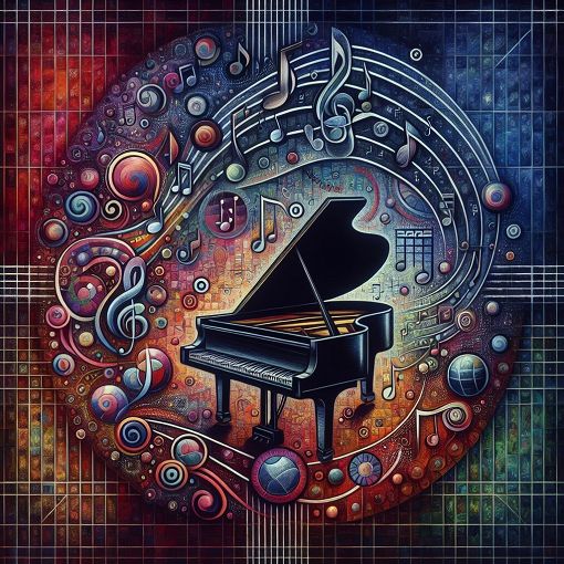 A vibrant illustration of musical notes, scales, and a grand piano surrounded by various musical symbols, representing solfeggio and music theory education.