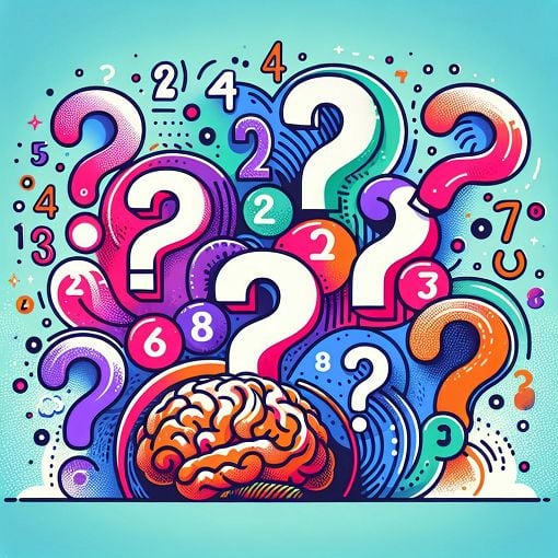 A colorful and engaging illustration of numbers in a sequence, featuring a playful style, showing a question mark and a brain to indicate thinking and problem-solving.