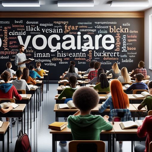 A vibrant classroom setting with students engaging in vocabulary exercises, featuring words and definitions displayed on the blackboard.