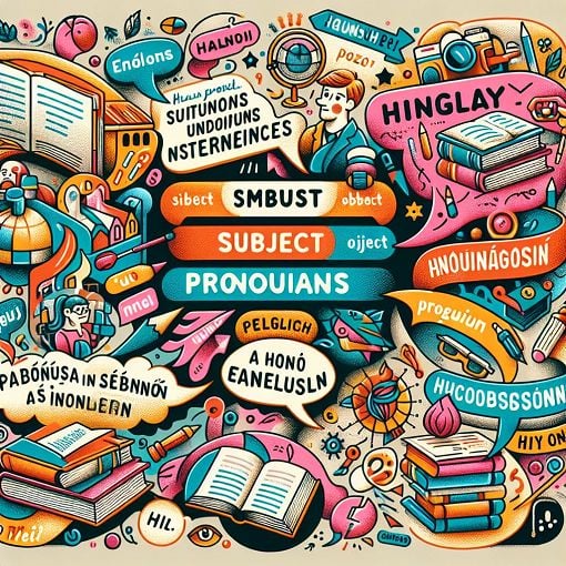 A vibrant and educational illustration of pronouns being used in sentences, showing examples of subject and object pronouns in both English and Hungarian contexts, with graphical representations like speech bubbles or books.