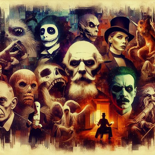 A visually striking collage of Slash House film characters with a dark, surreal background that captures the essence of horror and personality exploration.