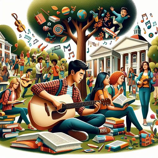 A colorful and vibrant illustration depicting a diverse group of students at a college campus, engaging in various activities like studying, hanging out, and having fun together, with elements representing different interests such as books, music, and school spirit.