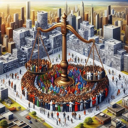 A thought-provoking representation of social structures, depicting diverse individuals in a cityscape, with elements symbolizing welfare, rights, and community.