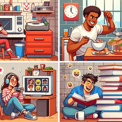 A colorful and humorous illustration depicting various types of quirky roommates in a college dorm setting, with elements like video games, breakfast foods, and meme culture.