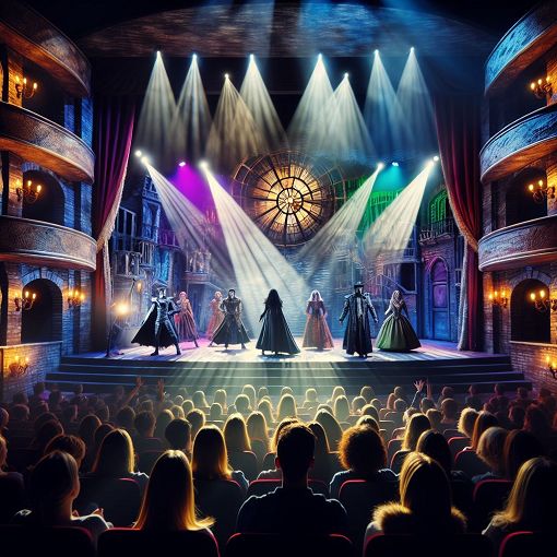 A colorful, vibrant musical theater setting featuring iconic Ahrens and Flaherty characters in a theatrical performance, with spotlights and audience applause atmosphere.