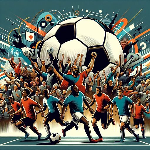 A vibrant and dynamic illustration of a soccer team in action, with fans cheering in the background and the Macsuka SE logo prominently displayed.