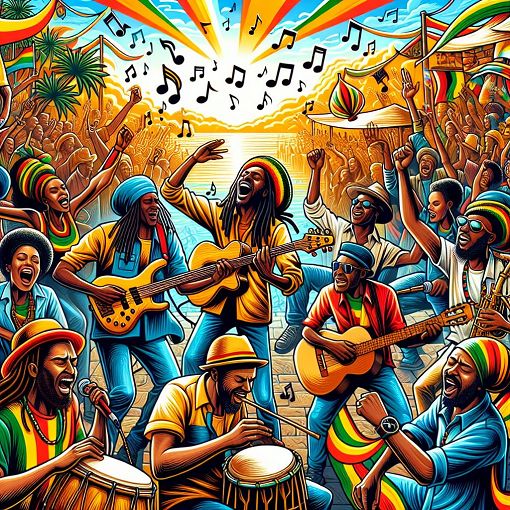 A vibrant and colorful illustration of reggae musicians playing instruments in a lively Jamaican street festival, with a sunset background and people dancing, surrounded by musical notes and reggae symbols.