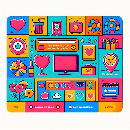 Create an illustration of a colorful quiz page with fun icons representing personal preferences like colors, favorite shows, and friends, in a playful and inviting style.