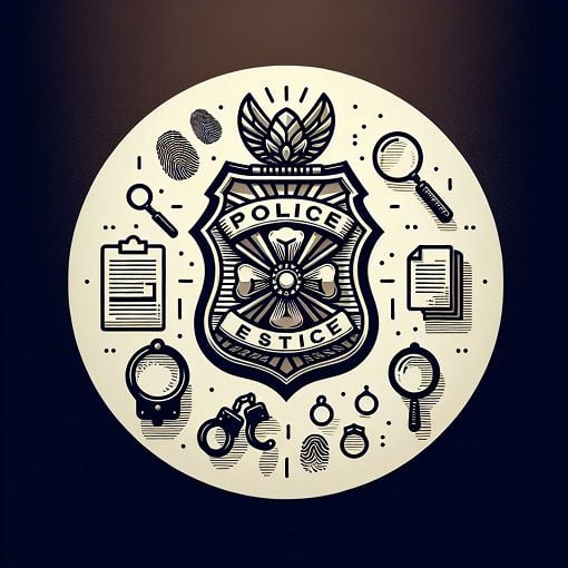 An intricately designed police badge with a magnifying glass and evidence icons in the background, symbolizing criminal investigation and inquiry.