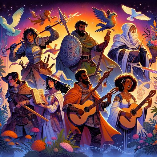 A vibrant illustration depicting diverse characters from a fictional universe, showcasing various personality traits, set against a whimsical background.