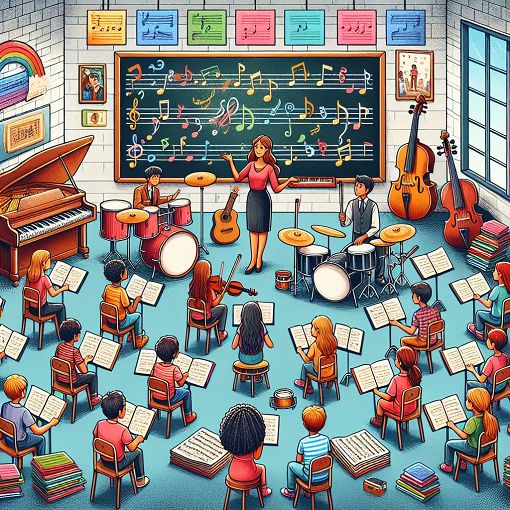 Create an engaging and colorful illustration of a music classroom with a chalkboard showing musical notes, a treble clef, and a bass clef surrounded by various music-related items, like instruments, sheet music, and a teacher guiding students, in a cheerful atmosphere.