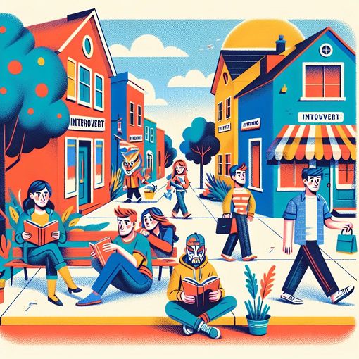 A whimsical illustration of a neighborhood with diverse characters, each representing different personalities based on the quiz questions, in a colorful and playful art style.