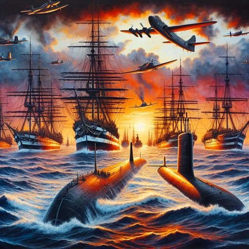 An illustration of a naval warfare scenario featuring frigates, submarines, and aircraft engaging in combat at sea during sunset