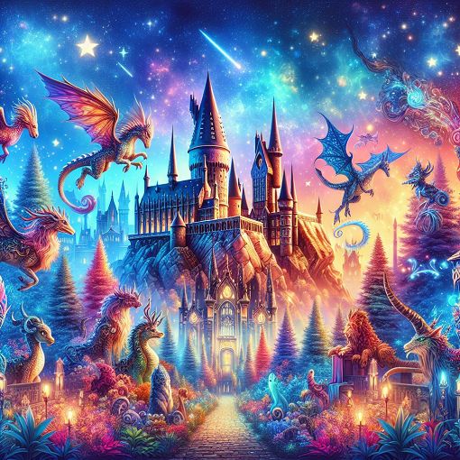 An enchanting wizarding world scene with Hogwarts Castle in the background, surrounded by magical creatures, vibrant colors, and a whimsical atmosphere inspired by Harry Potter.