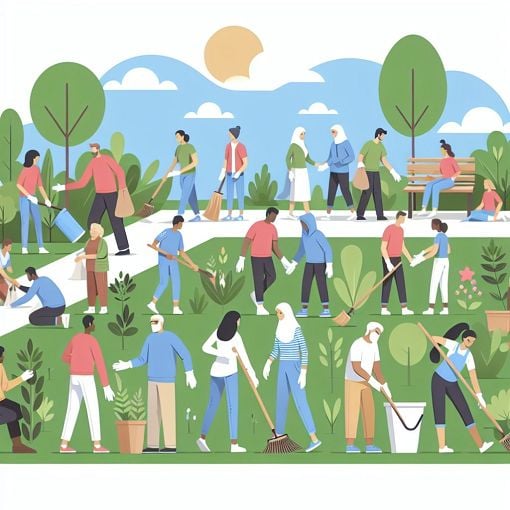 A vibrant community scene showing people engaging responsibly, such as cleaning a park, planting trees, and helping each other, with a focus on social awareness and cooperation.