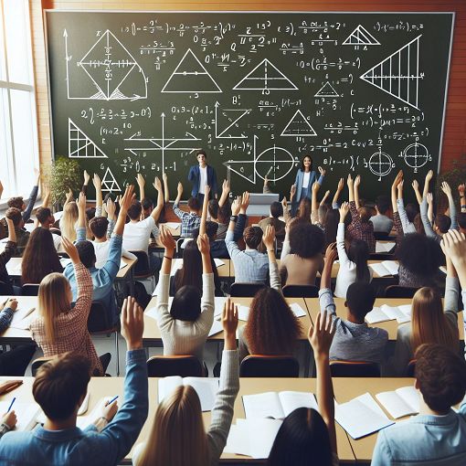 A vibrant classroom setting with a chalkboard displaying trigonometric fun<wbr>ctions and special triangle diagrams, with students actively engaging with the material.