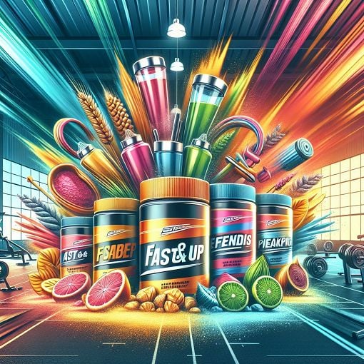 A vibrant and dynamic image showcasing various Fast&Up products on a gym background, highlighting ingredients and the essence of fitness.