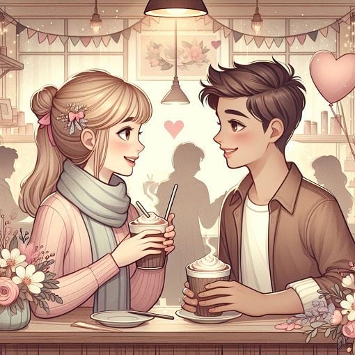 A heartfelt illustration of two teenagers in a cozy coffee shop, sharing a playful moment, with light romantic elements in the background.