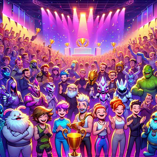 A vibrant illustration of various gaming characters celebrating awards in a colorful gaming arena, featuring trophies and a crowd of cheering fans, emphasizing a sense of community and friendly competition.