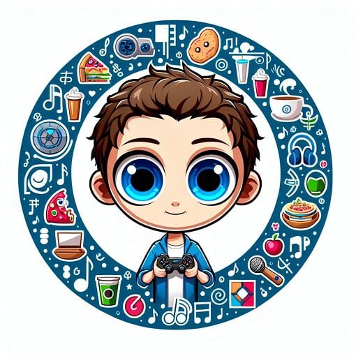 A colorful cartoon-style representation of a quirky character named Chester, depicting him with blue eyes, a gaming console in hand, and surrounded by elements representing his favorite foods, music, and hobbies.