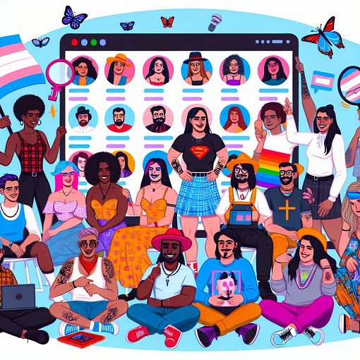 A vibrant and colorful illustration of diverse ftm individuals expressing different personalities and lifestyles, set against a backdrop of an online community, with elements of humor and camaraderie