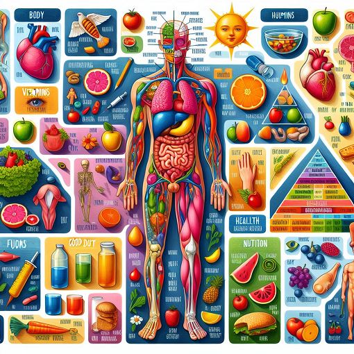 A comprehensive educational illustration depicting various body parts, healthy habits, and nutrition-themed elements suitable for children and students.