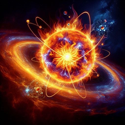 Create an image of the sun in space, radiating energy with illustrations of nuclear fusion occurring in its core, featuring atom models, flames, and cosmic elements in a vibrant and engaging color palette.