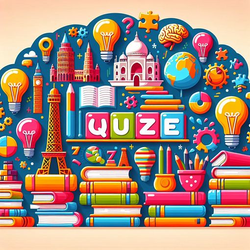 A vibrant quiz-themed image featuring iconic landmarks, books, and fun visuals representing knowledge and learning.