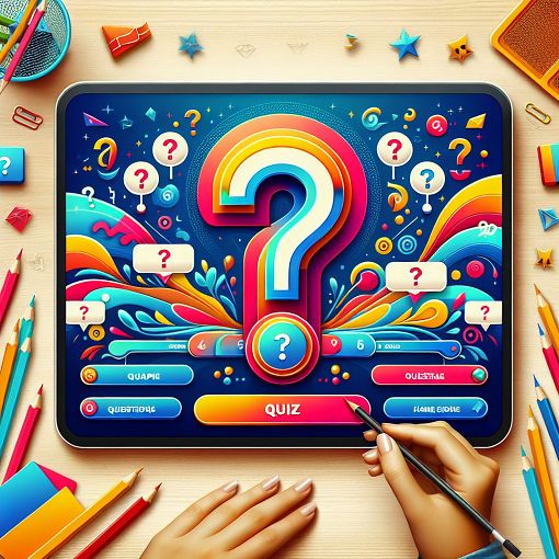 Generate an image of a quiz interface featuring a colorful design with question marks and name cards. The background should be lively and engaging, representing a fun guessing game.