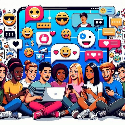 A vibrant digital illustration of a group of friends chatting online, surrounded by emojis, anime characters, and gaming icons, conveying a fun and engaging atmosphere.