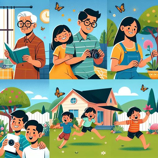 Create an illustrated image of diverse people resembling a family reunion, featuring representations of different sibling roles like oldest, middle, and youngest children, in a cheerful and inviting setting.