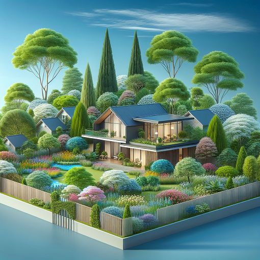 A modern home with a clear blue sky, surrounded by trees and a vibrant garden, representing real estate and land rights concepts.