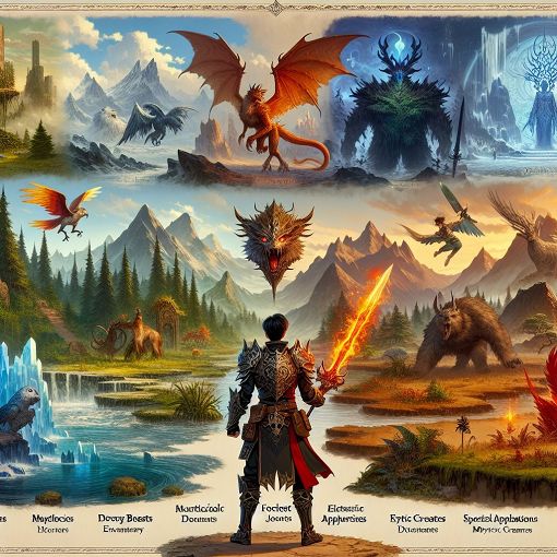 Create an image of a fantasy landscape depicting various elements from Wynncraft, including mystical creatures, diverse biomes, and a player character exploring the world.